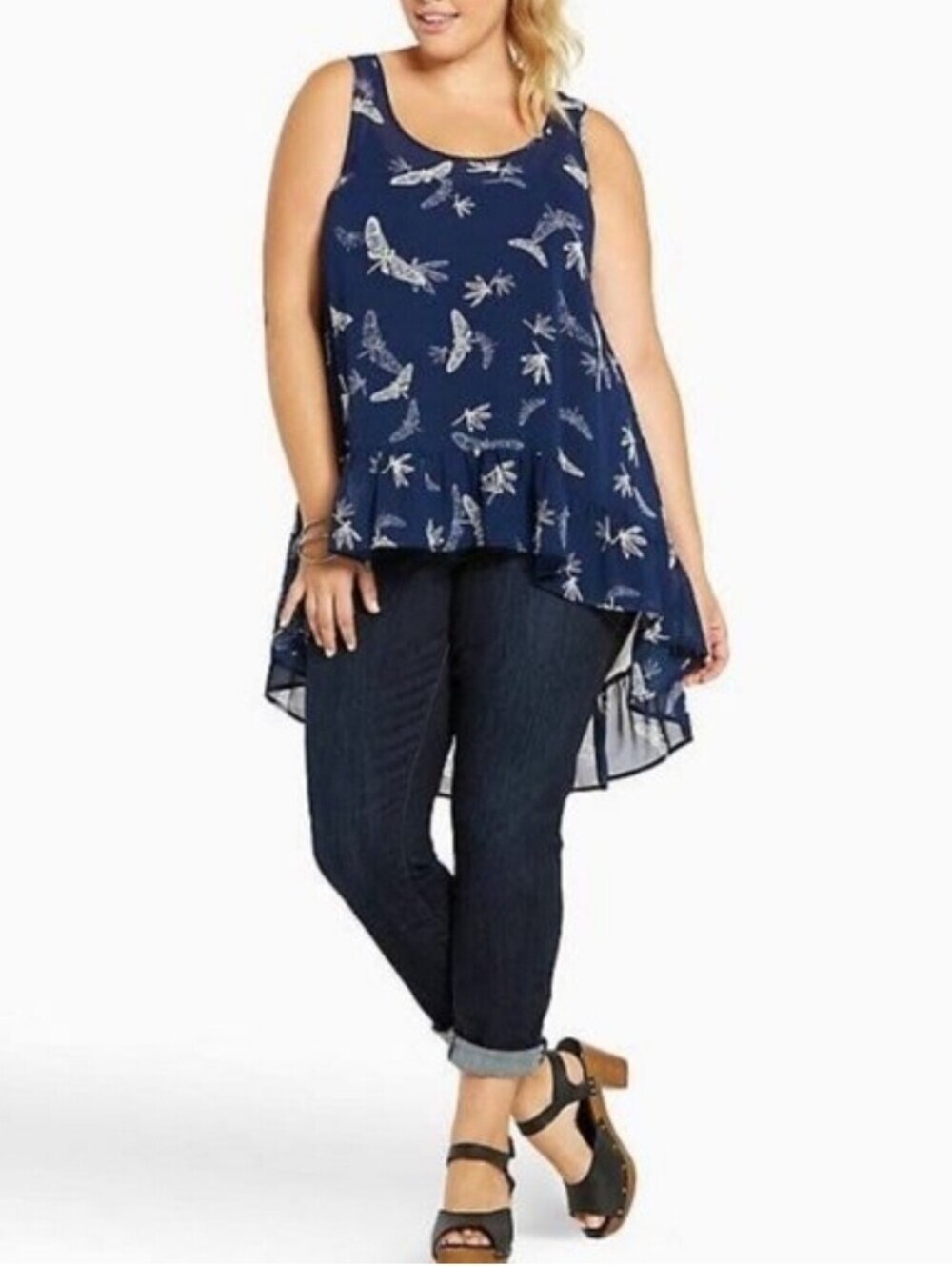 Torrid Navy Blue Dragonfly Print Ruffle Tank Size 3X
